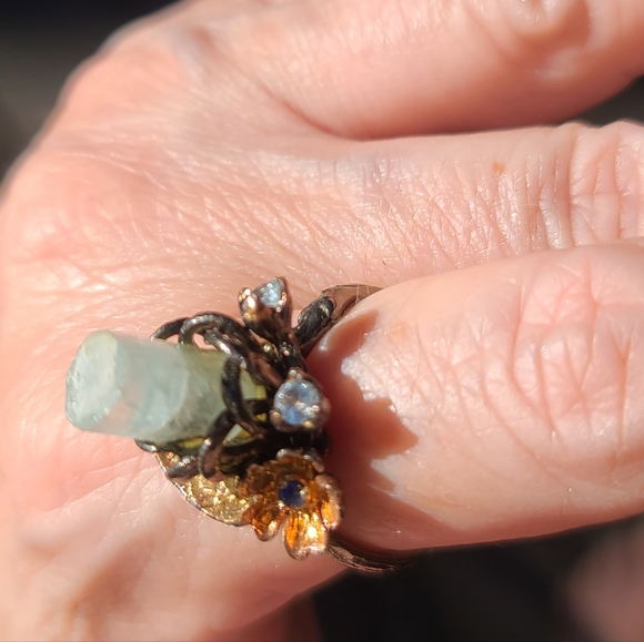 All Natural Aquamarine pillar Gemstone .925 Silver w/sapphire & Aquamarine sz8 - Picture 13 of 14